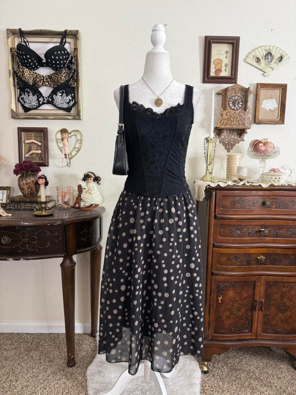 Preppy girly grunge black and tan twee polkadot midi skirt